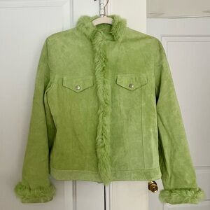 Vintage Y2K Yvonne Marie Suede Pea Green Leather Jacket w/ Rabbit Fur Trim